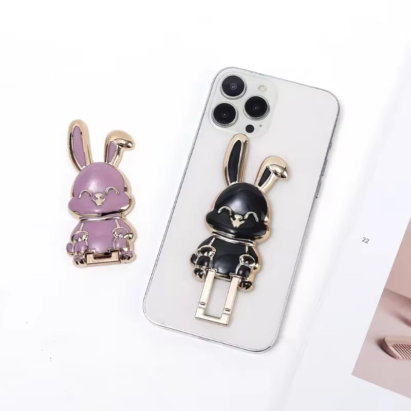 Finger Ring Phone Holder - Ultra-Thin Cartoon Rabbit Desktop Stand with Foldable Buckle and Adhesive Pull Rod Support Frame