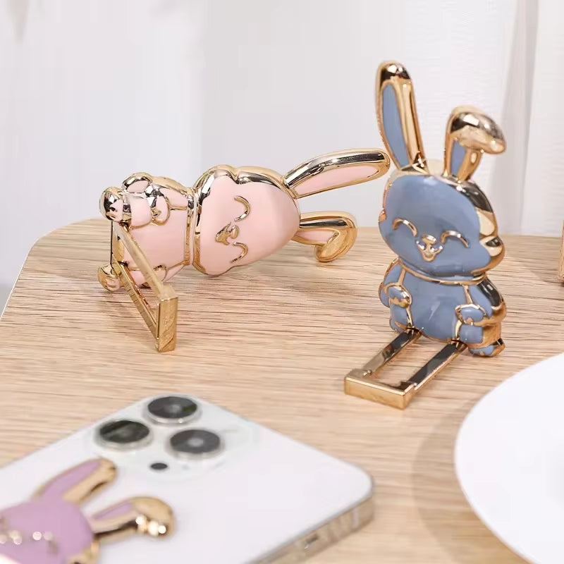 Finger Ring Phone Holder - Ultra-Thin Cartoon Rabbit Desktop Stand with Foldable Buckle and Adhesive Pull Rod Support Frame