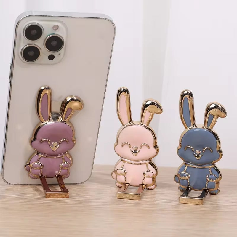 Finger Ring Phone Holder - Ultra-Thin Cartoon Rabbit Desktop Stand with Foldable Buckle and Adhesive Pull Rod Support Frame